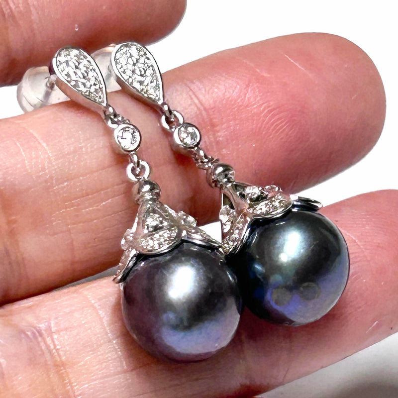 Round Edison 10 -10.5mm Purple Black Blue Pearl Dangle Earrings