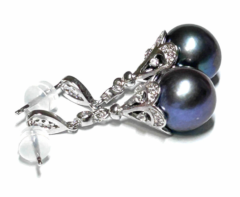 Round Edison 10 -10.5mm Purple Black Blue Pearl Dangle Earrings