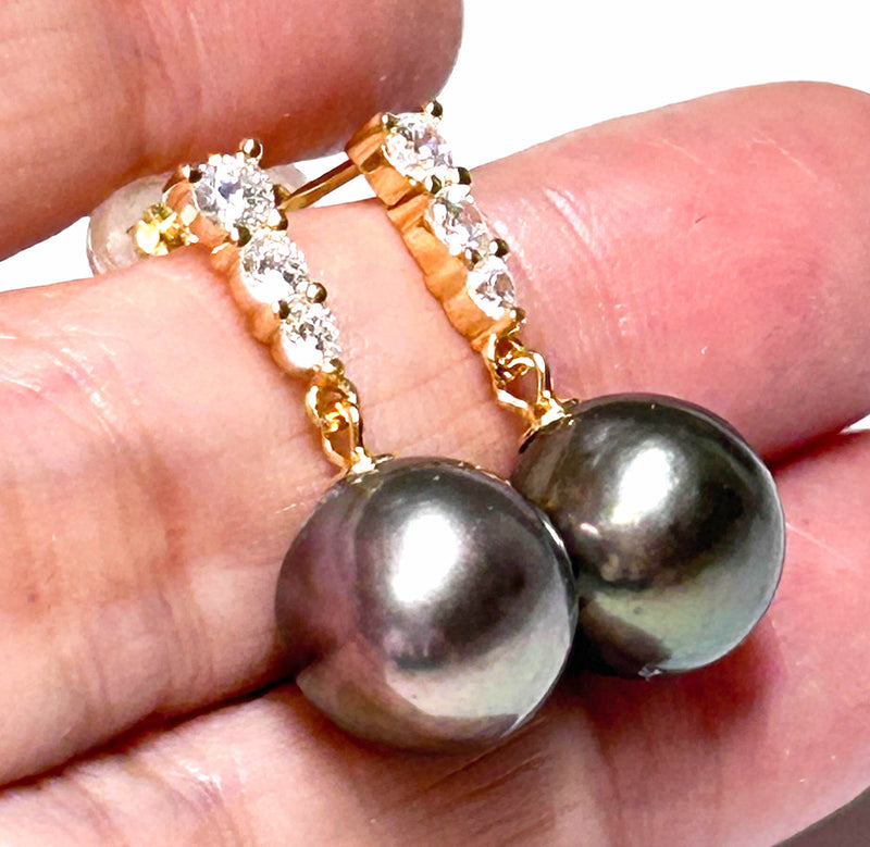 Round 10.5 - 11mm Peacock Gray Green Cultured Pearl Dangle Earrings