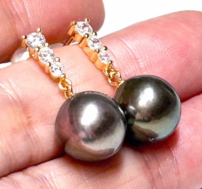 Round 10.5 - 11mm Peacock Gray Green Cultured Pearl Dangle Earrings
