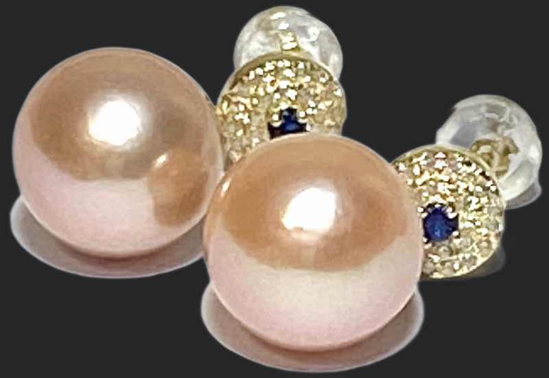 5A Quality 10-10.5mm Edison Peach Gold Pink Round Pearl Earrings