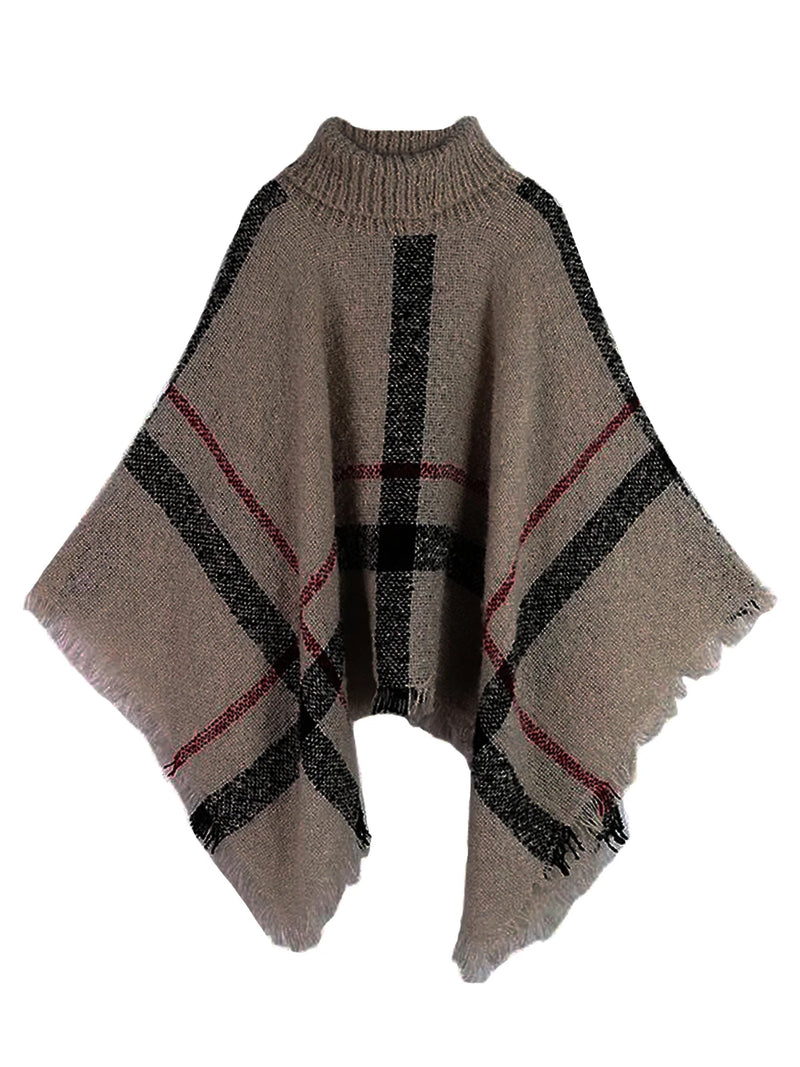 Hayley Plaid Turtleneck Cape Sweater One Size 5 colors Lady Fashion