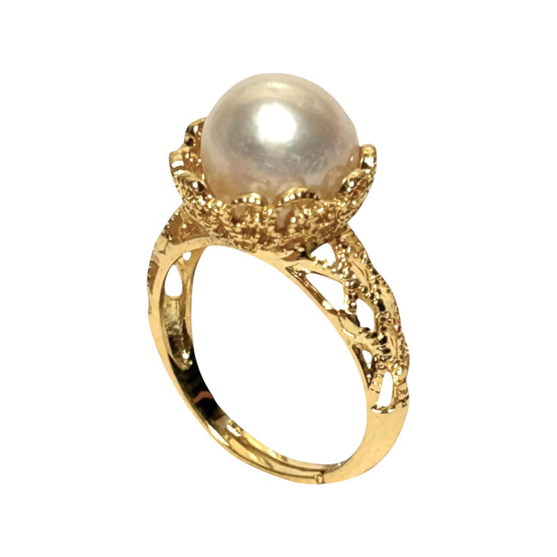 Captivating 10mm White Edison Round Cultured Pearl 925 Ring Size 7.5