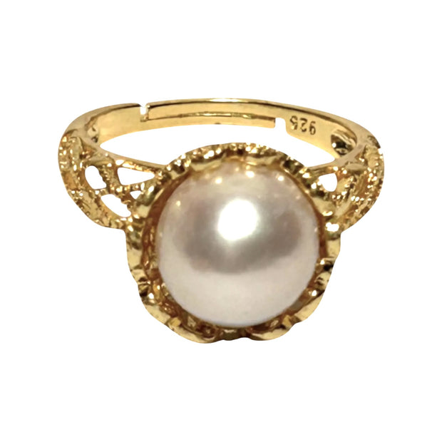 Captivating 10mm White Edison Round Cultured Pearl 925 Ring Size 7.5