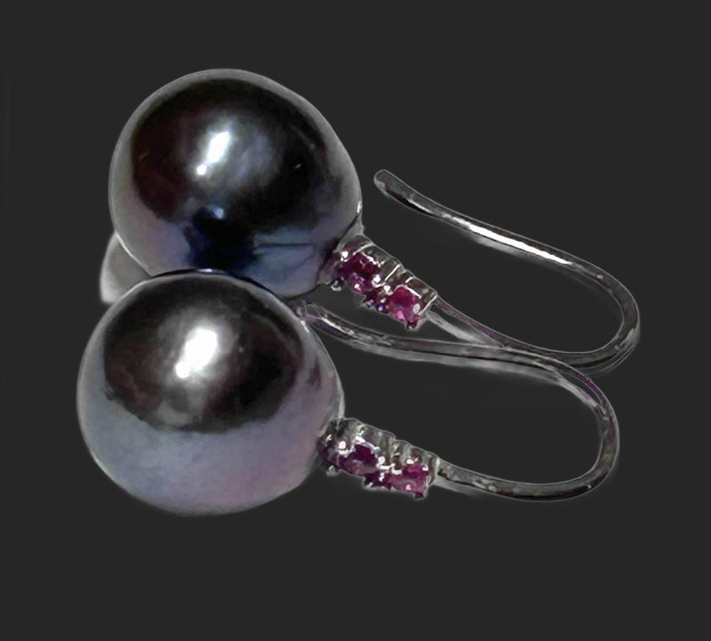 Round 10 - 10.5mm Edison Purple Black Blue Pearl Dangle Hook Earrings