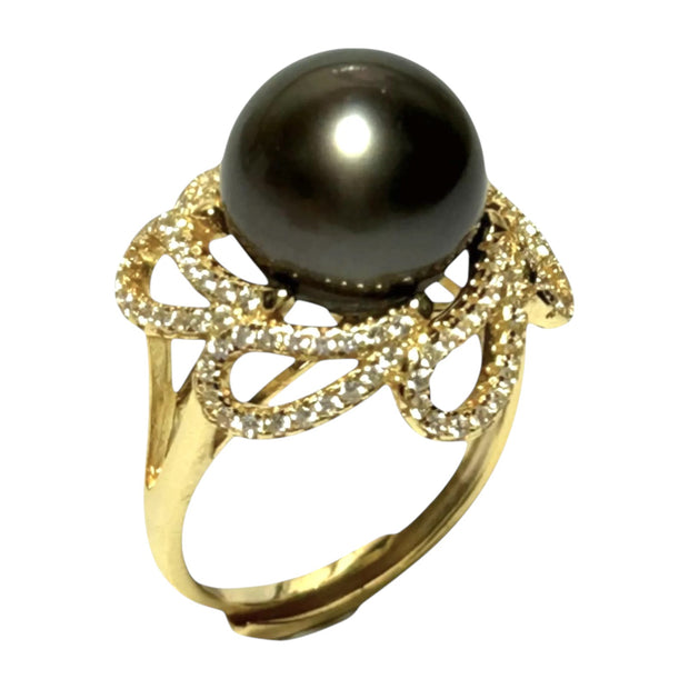 Cocktail Ring With Black Green 11.5mm Round Tahitian Pearl Size 6