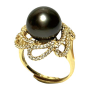 Cocktail Ring With Black Green 11.5mm Round Tahitian Pearl Size 6