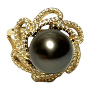 Cocktail Ring With Black Green 11.5mm Round Tahitian Pearl Size 6