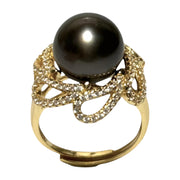 Cocktail Ring With Black Green 11.5mm Round Tahitian Pearl Size 6