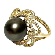 Cocktail Ring With Black Green 11.5mm Round Tahitian Pearl Size 6