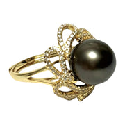 Cocktail Ring With Black Green 11.5mm Round Tahitian Pearl Size 6