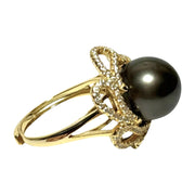 Cocktail Ring With Black Green 11.5mm Round Tahitian Pearl Size 6