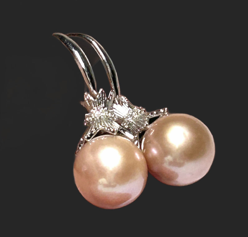 Purple Peach Pink 10 - 10.5mm Round Cultured Pearl Dangle Earrings