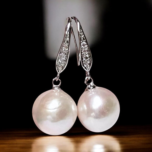 Round White Pinkish 11.5- 11.7mm Edison Cultured Pearl Dangle Earrings