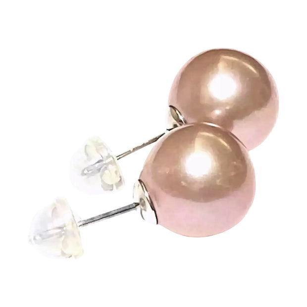 Round Edison 10.5 - 11mm Cultured Peach Pearl Classy Stud Earrings