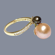 Round 5.3 & 9.3mm Edison Peach Black Double Pearls Ring Size 8