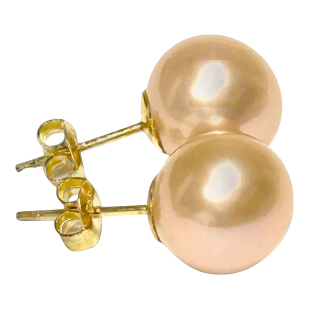 Exquisite 10.5mm Peach Gold Pink Edison Cultured Pearl Stud Earrings