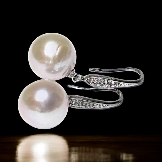 Round White Pinkish 11.5- 11.7mm Edison Cultured Pearl Dangle Earrings