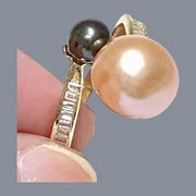 Round 5.3 & 9.3mm Edison Peach Black Double Pearls Ring Size 8