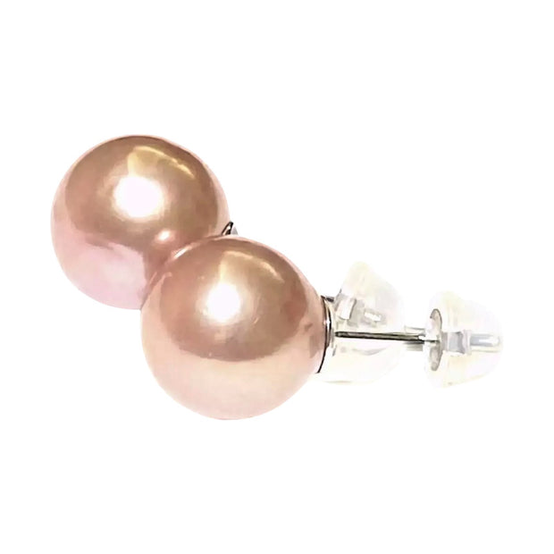 Round Edison 10.5 - 11mm Cultured Peach Pearl Classy Stud Earrings