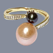 Round 5.3 & 9.3mm Edison Peach Black Double Pearls Ring Size 8