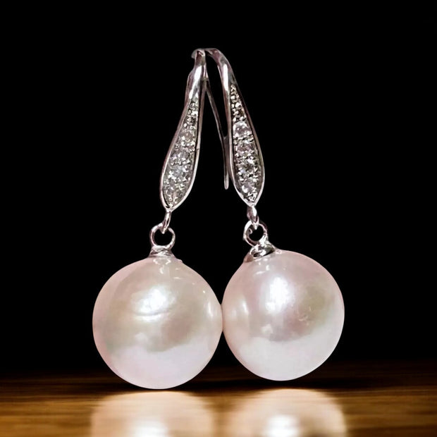 Round White Pinkish 11.5- 11.7mm Edison Cultured Pearl Dangle Earrings