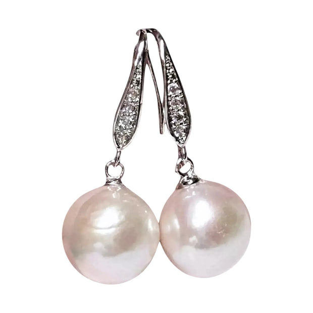 Round White Pinkish 11.5- 11.7mm Edison Cultured Pearl Dangle Earrings