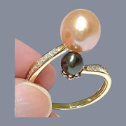 Round 5.3 & 9.3mm Edison Peach Black Double Pearls Ring Size 8