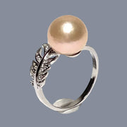 Delicate Leaf Band 11.8mm Peach Gold Round Edison Pearl Ring, Size 10