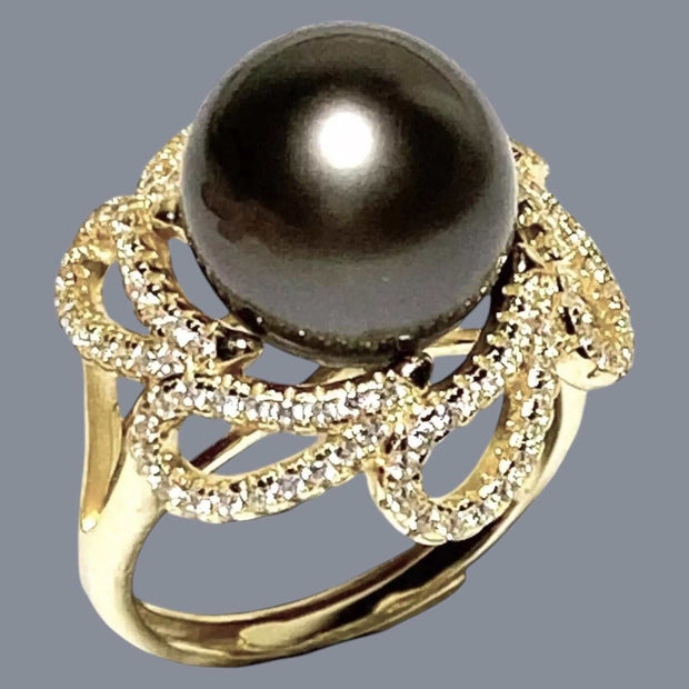 Cocktail Ring With Black Green 11.5mm Round Tahitian Pearl Size 6