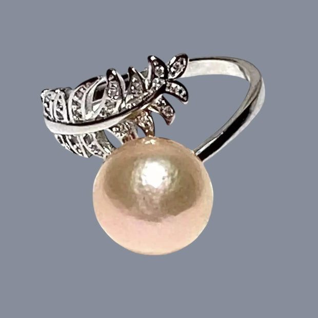 Delicate Leaf Band 11.8mm Peach Gold Round Edison Pearl Ring, Size 10