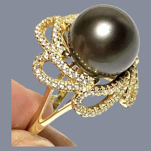 Cocktail Ring With Black Green 11.5mm Round Tahitian Pearl Size 6