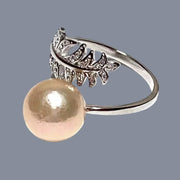 Delicate Leaf Band 11.8mm Peach Gold Round Edison Pearl Ring, Size 10