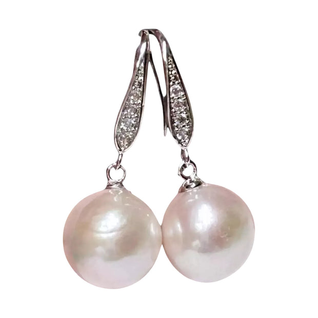 Round White Pinkish 11.5- 11.7mm Edison Cultured Pearl Dangle Earrings