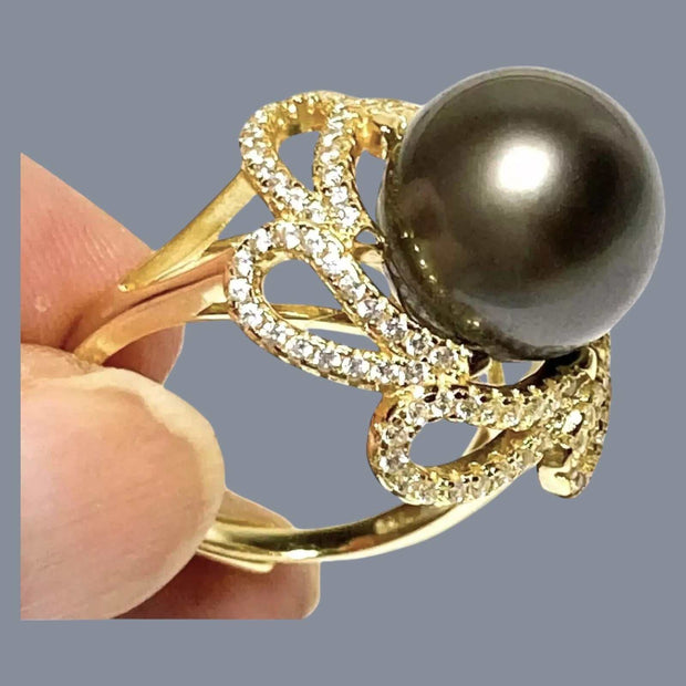 Cocktail Ring With Black Green 11.5mm Round Tahitian Pearl Size 6