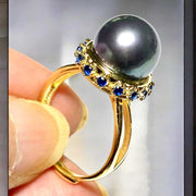 Cultured Peacock Black Green 10mm Round Tahitian Pearl Ring Size 6