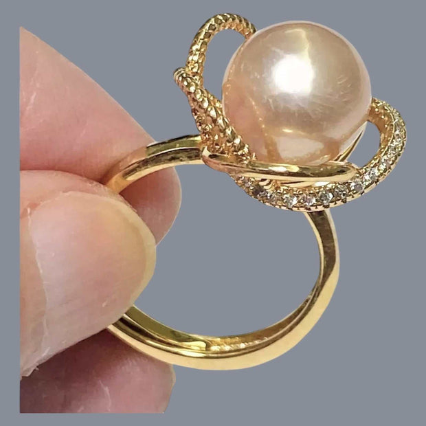 9.5 - 10mm Peach Gold Pink Edison Cultured Round Pearl Ring Size 6-7