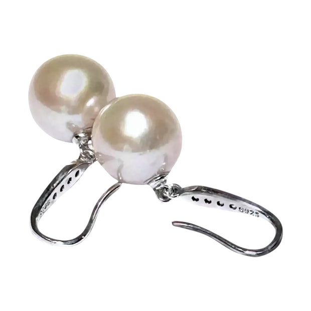 Round White Pinkish 11.5- 11.7mm Edison Cultured Pearl Dangle Earrings