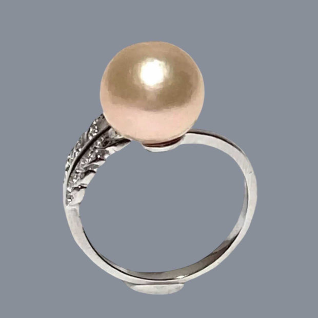 Delicate Leaf Band 11.8mm Peach Gold Round Edison Pearl Ring, Size 10