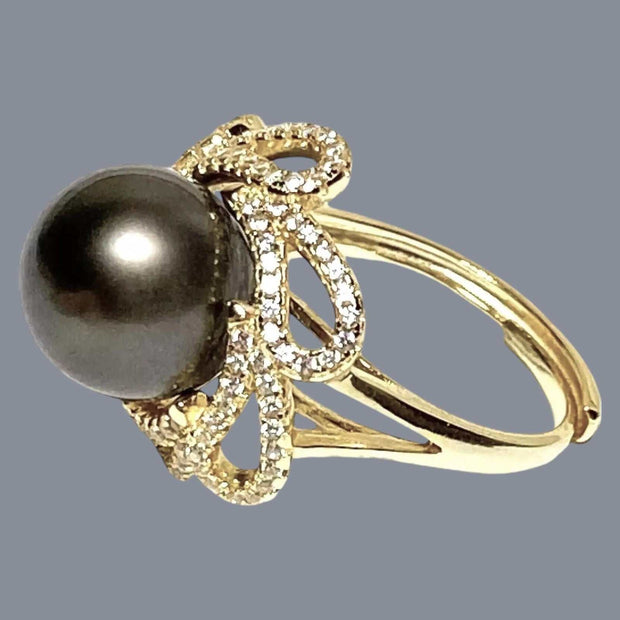 Cocktail Ring With Black Green 11.5mm Round Tahitian Pearl Size 6