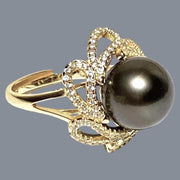 Cocktail Ring With Black Green 11.5mm Round Tahitian Pearl Size 6