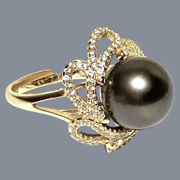 Cocktail Ring With Black Green 11.5mm Round Tahitian Pearl Size 6