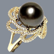 Cocktail Ring With Black Green 11.5mm Round Tahitian Pearl Size 6