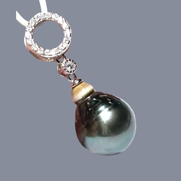 Drop 11.7 x 14.5mm Tahitian Natural Peacock Gray Green Pearl Pendant