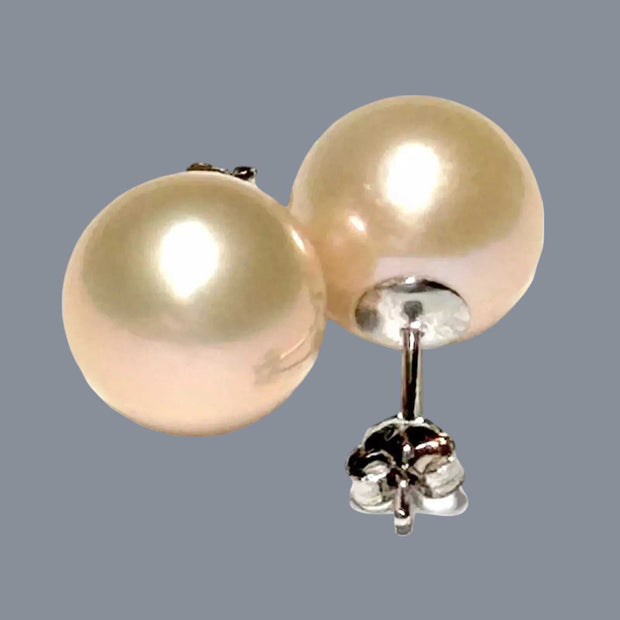 Classic Mirror Luster 11mm Peach Pink Round Edison Pearl Stud Earrings