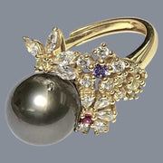 Cocktail Natural Peacock Black 11.5mm Round Tahitian Pearl Ring Size 6