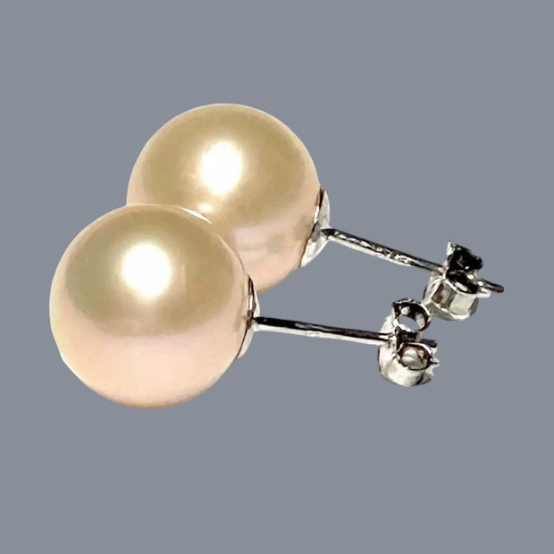 Classic Mirror Luster 11mm Peach Pink Round Edison Pearl Stud Earrings