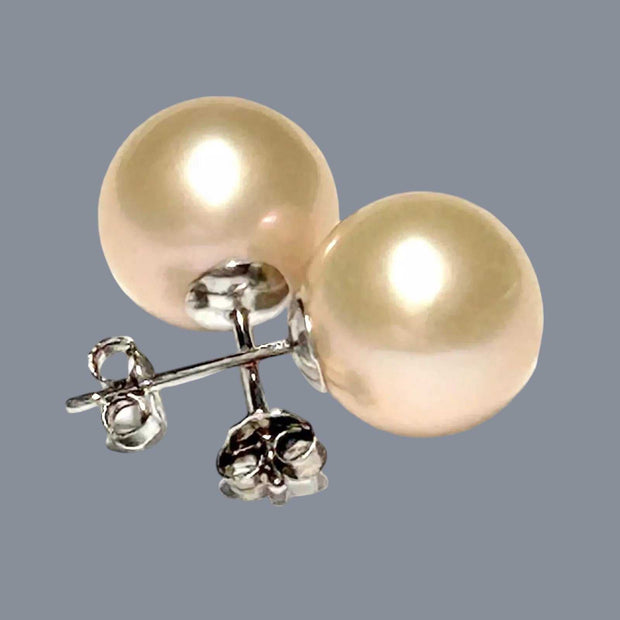 Classic Mirror Luster 11mm Peach Pink Round Edison Pearl Stud Earrings