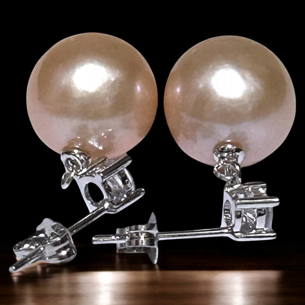 Stunning Huge 11.5mm Peach Gold Pink Edison Cultured Pearl Earrings