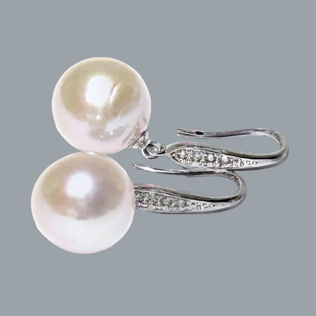 Round White Pinkish 11.5- 11.7mm Edison Cultured Pearl Dangle Earrings